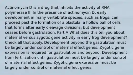 Actinomycin D is a drug that inhibits the activity of RNA polymerase II. In the presence of actinomycin D, early development in many vertebrate species, such as frogs, can proceed past the formation of a blastula, a hollow ball of cells that forms after early cleavage divisions; but development ceases before gastrulation. Part A What does this tell you about maternal versus zygotic gene activity in early frog development? Check all that apply. Development beyond the gastrulation must be largely under control of maternal effect genes. Zygotic <a href='https://www.questionai.com/knowledge/kFtiqWOIJT-gene-expression' class='anchor-knowledge'>gene expression</a> is required for gastrulation and beyond. Development from fertilization until gastrulation must be largely under control of maternal effect genes. Zygotic gene expression must be largely under control of maternal effect genes.