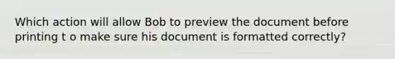 Which action will allow Bob to preview the document before printing t o make sure his document is formatted correctly?