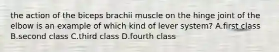 the action of the biceps brachii muscle on the hinge joint of the elbow is an example of which kind of lever system? A.first class B.second class C.third class D.fourth class