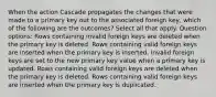 When the action Cascade propagates the changes that were made to a primary key out to the associated foreign key, which of the following are the outcomes? Select all that apply. Question options: Rows containing invalid foreign keys are deleted when the primary key is deleted. Rows containing valid foreign keys are inserted when the primary key is inserted. Invalid foreign keys are set to the new primary key value when a primary key is updated. Rows containing valid foreign keys are deleted when the primary key is deleted. Rows containing valid foreign keys are inserted when the primary key is duplicated.