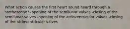 What action causes the first heart sound heard through a stethoscope? -opening of the semilunar valves -closing of the semilunar valves -opening of the atrioventricular valves -closing of the atrioventricular valves