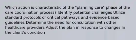 Which action is characteristic of the​ "planning care" phase of the care coordination​ process? Identify potential challenges Utilize standard protocols or critical pathways and​ evidence-based guidelines Determine the need for consultation with other healthcare providers Adjust the plan in response to changes in the client​'s condition