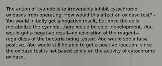 The action of cyanide is to irreversibly inhibit cytochrome oxidases from operating. How would this affect an oxidase test? -You would initially get a negative result, but once the cells metabolize the cyanide, there would be color development. -You would get a negative result--no coloration of the reagent--regardless of the bacteria being tested. -You would see a false positive. -You would still be able to get a positive reaction, since the oxidase test is not based solely on the activity of cytochrome oxidase.