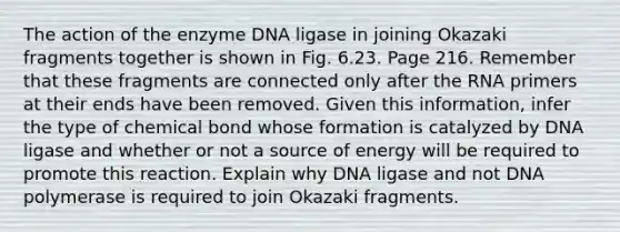 The action of the enzyme DNA ligase in joining Okazaki fragments together is shown in Fig. 6.23. Page 216. Remember that these fragments are connected only after the RNA primers at their ends have been removed. Given this information, infer the type of chemical bond whose formation is catalyzed by DNA ligase and whether or not a source of energy will be required to promote this reaction. Explain why DNA ligase and not DNA polymerase is required to join Okazaki fragments.