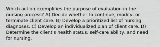 Which action exemplifies the purpose of evaluation in the nursing process? A) Decide whether to continue, modify, or terminate client care. B) Develop a prioritized list of nursing diagnoses. C) Develop an individualized plan of client care. D) Determine the client's health status, self-care ability, and need for nursing.