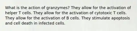 What is the action of granzymes? They allow for the activation of helper T cells. They allow for the activation of cytotoxic T cells. They allow for the activation of B cells. They stimulate apoptosis and cell death in infected cells.