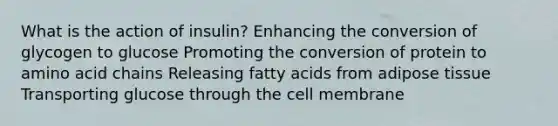 What is the action of insulin? Enhancing the conversion of glycogen to glucose Promoting the conversion of protein to amino acid chains Releasing fatty acids from adipose tissue Transporting glucose through the cell membrane