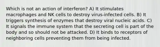 Which is not an action of interferon? A) It stimulates macrophages and NK cells to destroy virus-infected cells. B) It triggers synthesis of enzymes that destroy viral nucleic acids. C) It signals the immune system that the secreting cell is part of the body and so should not be attacked. D) It binds to receptors of neighboring cells preventing them from being infected.