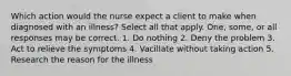 Which action would the nurse expect a client to make when diagnosed with an illness? Select all that apply. One, some, or all responses may be correct. 1. Do nothing 2. Deny the problem 3. Act to relieve the symptoms 4. Vacillate without taking action 5. Research the reason for the illness