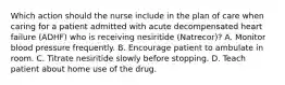 Which action should the nurse include in the plan of care when caring for a patient admitted with acute decompensated heart failure (ADHF) who is receiving nesiritide (Natrecor)? A. Monitor blood pressure frequently. B. Encourage patient to ambulate in room. C. Titrate nesiritide slowly before stopping. D. Teach patient about home use of the drug.