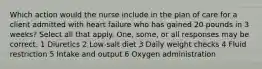 Which action would the nurse include in the plan of care for a client admitted with heart failure who has gained 20 pounds in 3 weeks? Select all that apply. One, some, or all responses may be correct. 1 Diuretics 2 Low-salt diet 3 Daily weight checks 4 Fluid restriction 5 Intake and output 6 Oxygen administration