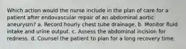 Which action would the nurse include in the plan of care for a patient after endovascular repair of an abdominal aortic aneurysm? a. Record hourly chest tube drainage. b. Monitor fluid intake and urine output. c. Assess the abdominal incision for redness. d. Counsel the patient to plan for a long recovery time.