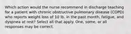 Which action would the nurse recommend in discharge teaching for a patient with chronic obstructive pulmonary disease (COPD) who reports weight loss of 10 lb. in the past month, fatigue, and dyspnea at rest? Select all that apply. One, some, or all responses may be correct.