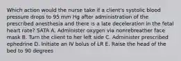 Which action would the nurse take if a client's systolic blood pressure drops to 95 mm Hg after administration of the prescribed anesthesia and there is a late deceleration in the fetal heart rate? SATA A. Administer oxygen via nonrebreather face mask B. Turn the client to her left side C. Administer prescribed ephedrine D. Initiate an IV bolus of LR E. Raise the head of the bed to 90 degrees