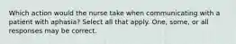 Which action would the nurse take when communicating with a patient with aphasia? Select all that apply. One, some, or all responses may be correct.