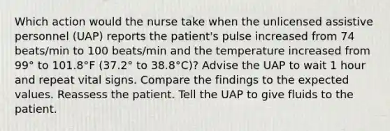 Which action would the nurse take when the unlicensed assistive personnel (UAP) reports the patient's pulse increased from 74 beats/min to 100 beats/min and the temperature increased from 99° to 101.8°F (37.2° to 38.8°C)? Advise the UAP to wait 1 hour and repeat vital signs. Compare the findings to the expected values. Reassess the patient. Tell the UAP to give fluids to the patient.