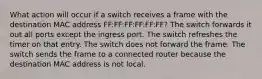 What action will occur if a switch receives a frame with the destination MAC address FF:FF:FF:FF:FF:FF? The switch forwards it out all ports except the ingress port. The switch refreshes the timer on that entry. The switch does not forward the frame. The switch sends the frame to a connected router because the destination MAC address is not local.