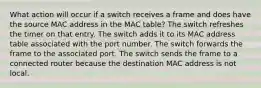 What action will occur if a switch receives a frame and does have the source MAC address in the MAC table? The switch refreshes the timer on that entry. The switch adds it to its MAC address table associated with the port number. The switch forwards the frame to the associated port. The switch sends the frame to a connected router because the destination MAC address is not local.