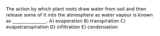 The action by which plant roots draw water from soil and then release some of it into the atmosphere as water vapour is known as _______________. A) evaporation B) transpiration C) evapotranspiration D) infiltration E) condensation