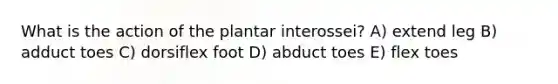 What is the action of the plantar interossei? A) extend leg B) adduct toes C) dorsiflex foot D) abduct toes E) flex toes