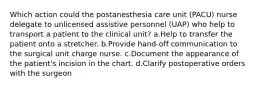 Which action could the postanesthesia care unit (PACU) nurse delegate to unlicensed assistive personnel (UAP) who help to transport a patient to the clinical unit? a.Help to transfer the patient onto a stretcher. b.Provide hand-off communication to the surgical unit charge nurse. c.Document the appearance of the patient's incision in the chart. d.Clarify postoperative orders with the surgeon