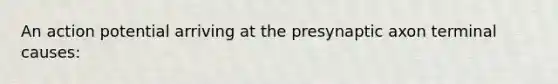 An action potential arriving at the presynaptic axon terminal causes:
