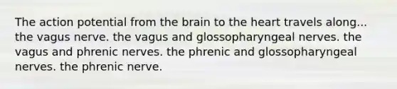 The action potential from the brain to the heart travels along... the vagus nerve. the vagus and glossopharyngeal nerves. the vagus and phrenic nerves. the phrenic and glossopharyngeal nerves. the phrenic nerve.