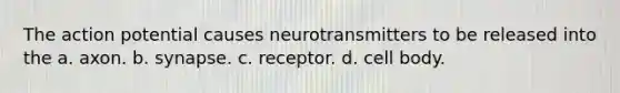 The action potential causes neurotransmitters to be released into the a. axon. b. synapse. c. receptor. d. cell body.