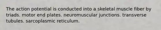 The action potential is conducted into a skeletal muscle fiber by triads. motor end plates. neuromuscular junctions. transverse tubules. sarcoplasmic reticulum.