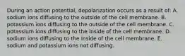 During an action potential, depolarization occurs as a result of: A. sodium ions diffusing to the outside of the cell membrane. B. potassium ions diffusing to the outside of the cell membrane. C. potassium ions diffusing to the inside of the cell membrane. D. sodium ions diffusing to the inside of the cell membrane. E. sodium and potassium ions not diffusing.