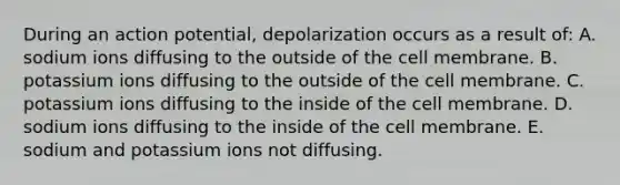 During an action potential, depolarization occurs as a result of: A. sodium ions diffusing to the outside of the cell membrane. B. potassium ions diffusing to the outside of the cell membrane. C. potassium ions diffusing to the inside of the cell membrane. D. sodium ions diffusing to the inside of the cell membrane. E. sodium and potassium ions not diffusing.