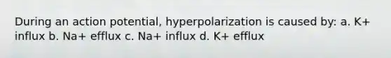 During an action potential, hyperpolarization is caused by: a. K+ influx b. Na+ efflux c. Na+ influx d. K+ efflux