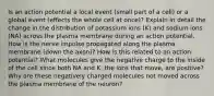 Is an action potential a local event (small part of a cell) or a global event (effects the whole cell at once)? Explain in detail the change in the distribution of potassium ions (K) and sodium ions (NA) across the plasma membrane during an action potential. How is the nerve impulse propagated along the plasma membrane (down the axon)? How is this related to an action potential? What molecules give the negative charge to the inside of the cell since both NA and K, the ions that move, are positive? Why are these negatively charged molecules not moved across the plasma membrane of the neuron?