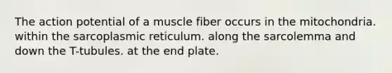 The action potential of a muscle fiber occurs in the mitochondria. within the sarcoplasmic reticulum. along the sarcolemma and down the T-tubules. at the end plate.