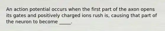 An action potential occurs when the first part of the axon opens its gates and positively charged ions rush is, causing that part of the neuron to become _____.