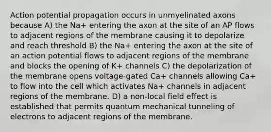 Action potential propagation occurs in unmyelinated axons because A) the Na+ entering the axon at the site of an AP flows to adjacent regions of the membrane causing it to depolarize and reach threshold B) the Na+ entering the axon at the site of an action potential flows to adjacent regions of the membrane and blocks the opening of K+ channels C) the depolarization of the membrane opens voltage-gated Ca+ channels allowing Ca+ to flow into the cell which activates Na+ channels in adjacent regions of the membrane. D) a non-local field effect is established that permits quantum mechanical tunneling of electrons to adjacent regions of the membrane.