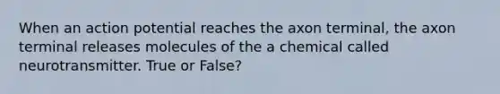 When an action potential reaches the axon terminal, the axon terminal releases molecules of the a chemical called neurotransmitter. True or False?