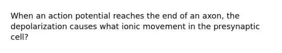 When an action potential reaches the end of an axon, the depolarization causes what ionic movement in the presynaptic cell?​