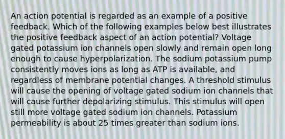 An action potential is regarded as an example of a positive feedback. Which of the following examples below best illustrates the positive feedback aspect of an action potential? Voltage gated potassium ion channels open slowly and remain open long enough to cause hyperpolarization. The sodium potassium pump consistently moves ions as long as ATP is available, and regardless of membrane potential changes. A threshold stimulus will cause the opening of voltage gated sodium ion channels that will cause further depolarizing stimulus. This stimulus will open still more voltage gated sodium ion channels. Potassium permeability is about 25 times <a href='https://www.questionai.com/knowledge/ktgHnBD4o3-greater-than' class='anchor-knowledge'>greater than</a> sodium ions.