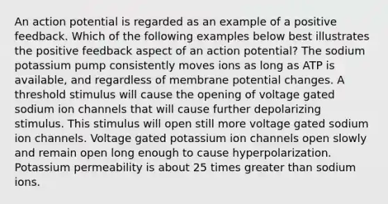 An action potential is regarded as an example of a positive feedback. Which of the following examples below best illustrates the positive feedback aspect of an action potential? The sodium potassium pump consistently moves ions as long as ATP is available, and regardless of membrane potential changes. A threshold stimulus will cause the opening of voltage gated sodium ion channels that will cause further depolarizing stimulus. This stimulus will open still more voltage gated sodium ion channels. Voltage gated potassium ion channels open slowly and remain open long enough to cause hyperpolarization. Potassium permeability is about 25 times greater than sodium ions.