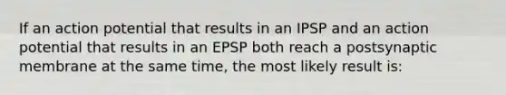 If an action potential that results in an IPSP and an action potential that results in an EPSP both reach a postsynaptic membrane at the same time, the most likely result is: