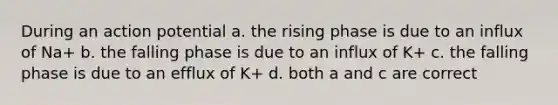 During an action potential a. the rising phase is due to an influx of Na+ b. the falling phase is due to an influx of K+ c. the falling phase is due to an efflux of K+ d. both a and c are correct