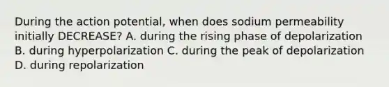 During the action potential, when does sodium permeability initially DECREASE? A. during the rising phase of depolarization B. during hyperpolarization C. during the peak of depolarization D. during repolarization