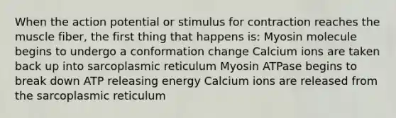 When the action potential or stimulus for contraction reaches the muscle fiber, the first thing that happens is: Myosin molecule begins to undergo a conformation change Calcium ions are taken back up into sarcoplasmic reticulum Myosin ATPase begins to break down ATP releasing energy Calcium ions are released from the sarcoplasmic reticulum