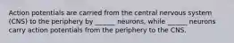 Action potentials are carried from the central nervous system (CNS) to the periphery by ______ neurons, while ______ neurons carry action potentials from the periphery to the CNS.