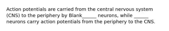 Action potentials are carried from the central nervous system (CNS) to the periphery by Blank______ neurons, while ______ neurons carry action potentials from the periphery to the CNS.