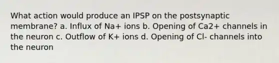 What action would produce an IPSP on the postsynaptic membrane? a. Influx of Na+ ions b. Opening of Ca2+ channels in the neuron c. Outflow of K+ ions d. Opening of Cl- channels into the neuron