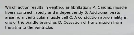 Which action results in ventricular fibrillation? A. Cardiac muscle fibers contract rapidly and independently B. Additional beats arise from ventricular muscle cell C. A conduction abnormality in one of the bundle branches D. Cessation of transmission from the atria to the ventricles