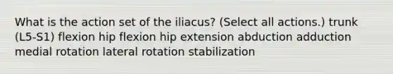 What is the action set of the iliacus? (Select all actions.) trunk (L5-S1) flexion hip flexion hip extension abduction adduction medial rotation lateral rotation stabilization