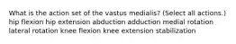 What is the action set of the vastus medialis? (Select all actions.) hip flexion hip extension abduction adduction medial rotation lateral rotation knee flexion knee extension stabilization